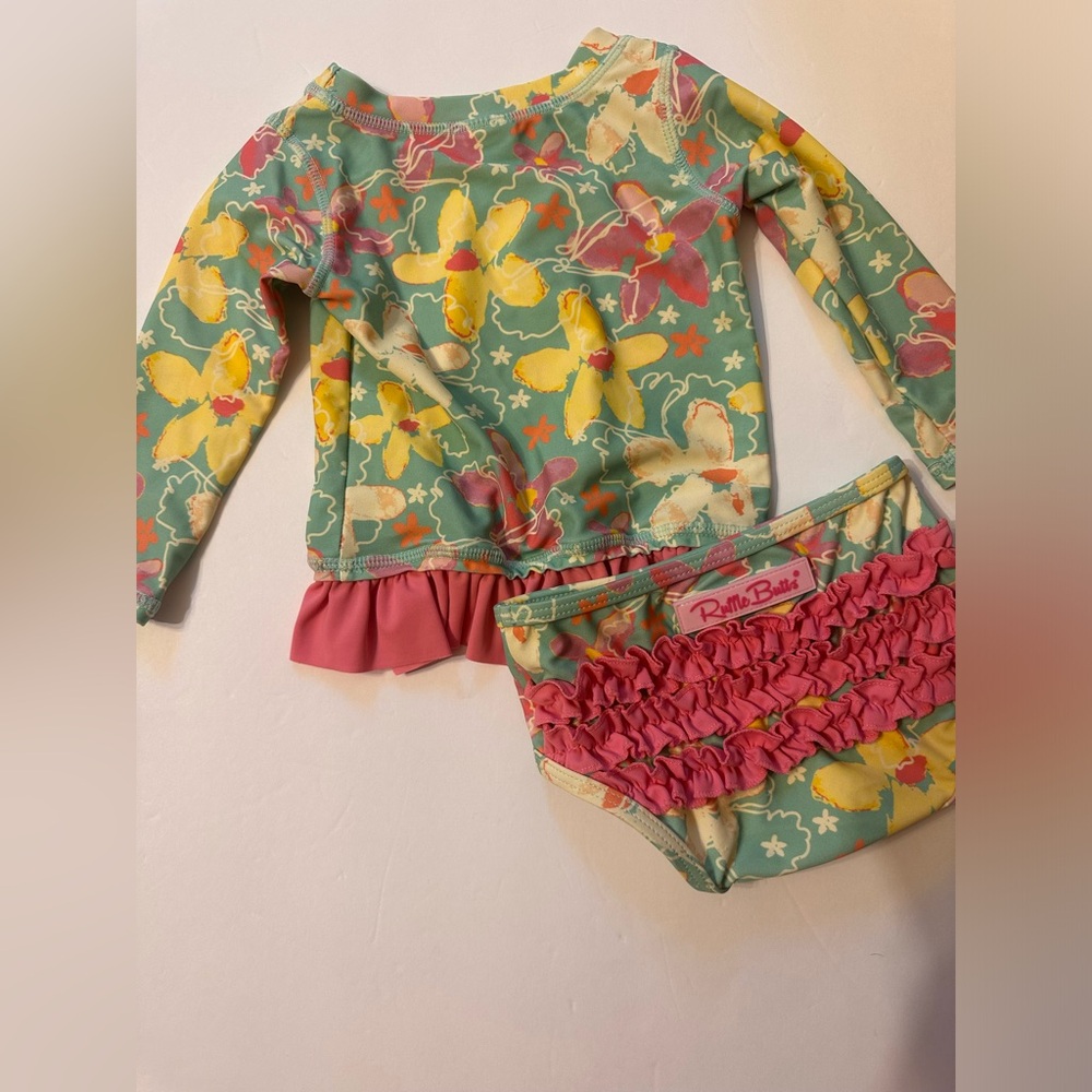 12-18M Ruffle Butts Mint Floral Ruffle Swim Set - Picture 7 of 10